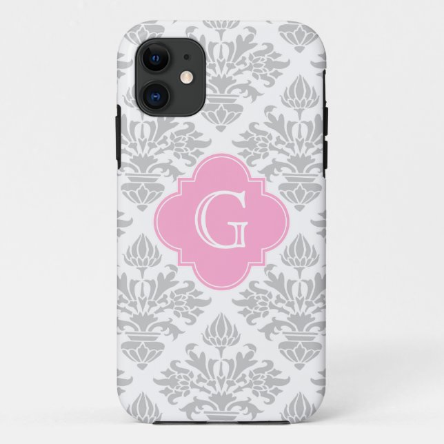 Lg Grey White Floral Damask #3 Pink Monogram Label Case-Mate iPhone Case (Back)