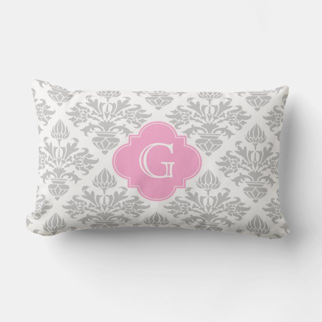 Lg Grey White Floral Damask #3 Pink Monogram Label Lumbar Pillow (Front)