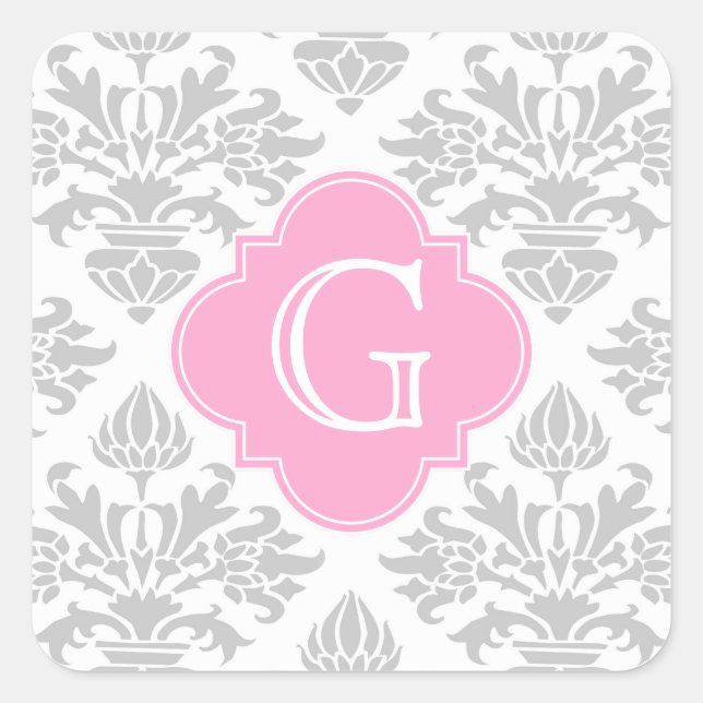 Lg Gris Blanc Floral Damas #3 Étiquette rose Monog (Devant)