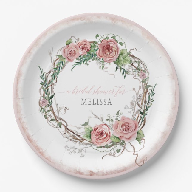 Lg Size Bridal Shower Rustic Wreath Rose Branch Paper Plate (Front)
