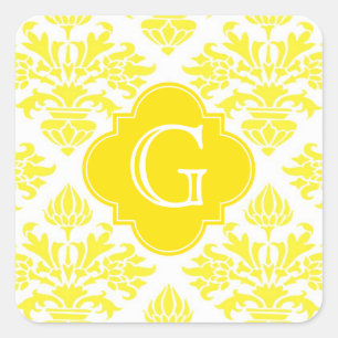 Lg Yellow Damask Yellow Quatrefoil Monogram Square Sticker