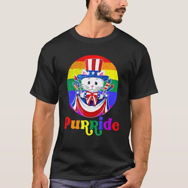 Lgbt Cat Purride Rainbow Flag American Flag Lgbtq T-Shirt (Front)