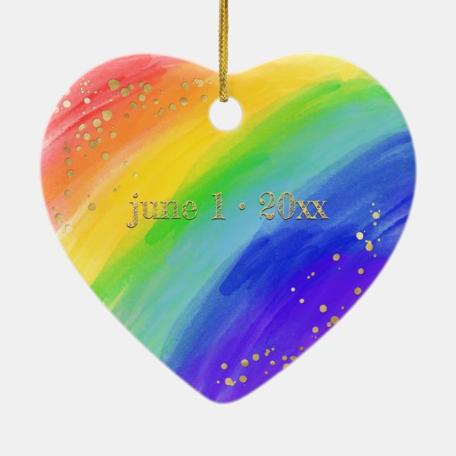 LGBT Dated Watercolor Rainbow & Gold Ceramic Ornament (Back)