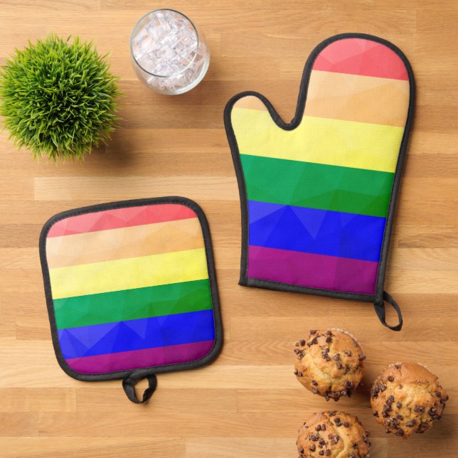 LGBT flag rainbow lines geometric mesh pattern Oven Mitt & Pot Holder Set (Top Down)