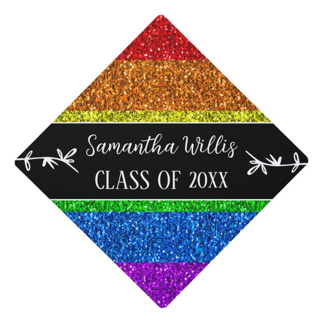 LGBT flag rainbow sparkle Custom name Class Graduation Cap Topper (Front)