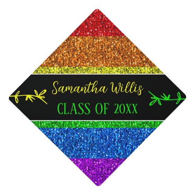 LGBT flag rainbow sparkle Custom name Class Graduation Cap Topper (Front)