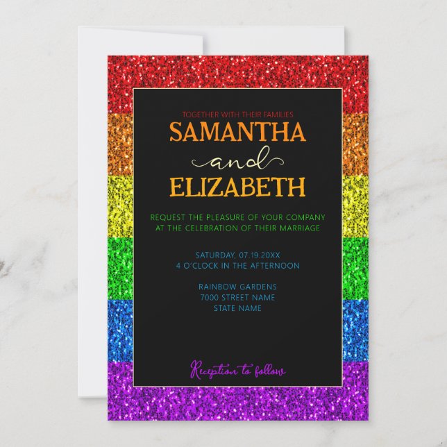 LGBT flag rainbow sparkles gay lesbian wedding Invitation (Front)
