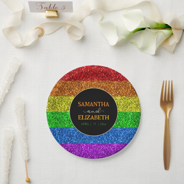 LGBT flag rainbow sparkles gay lesbian wedding Paper Plate (Wedding)
