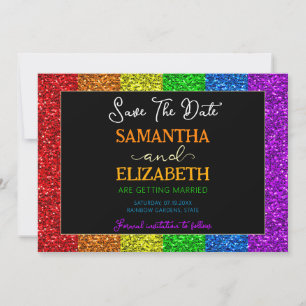 LGBT flag rainbow sparkles gay lesbian wedding Save The Date