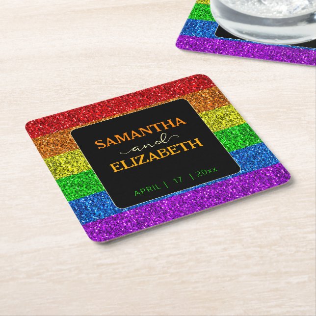 LGBT flag rainbow sparkles gay lesbian wedding Square Paper Coaster (Angled)