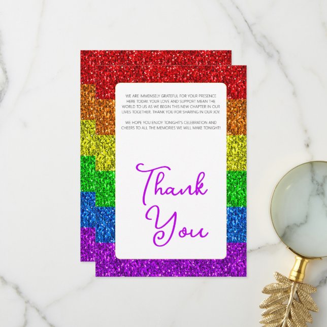 LGBT flag rainbow sparkles gay lesbian wedding Thank You Card (Front/Back In Situ)
