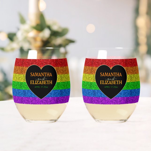 LGBT flag rainbow sparkles heart wedding Stemless Wine Glass (Insitu (Wedding))