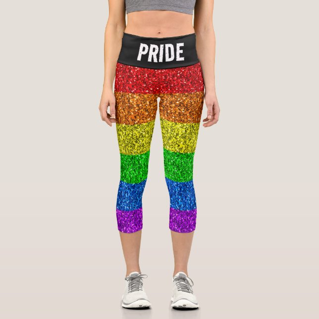 LGBT flag vibrant rainbow glitter Pride Custom txt Capri Leggings (Front)
