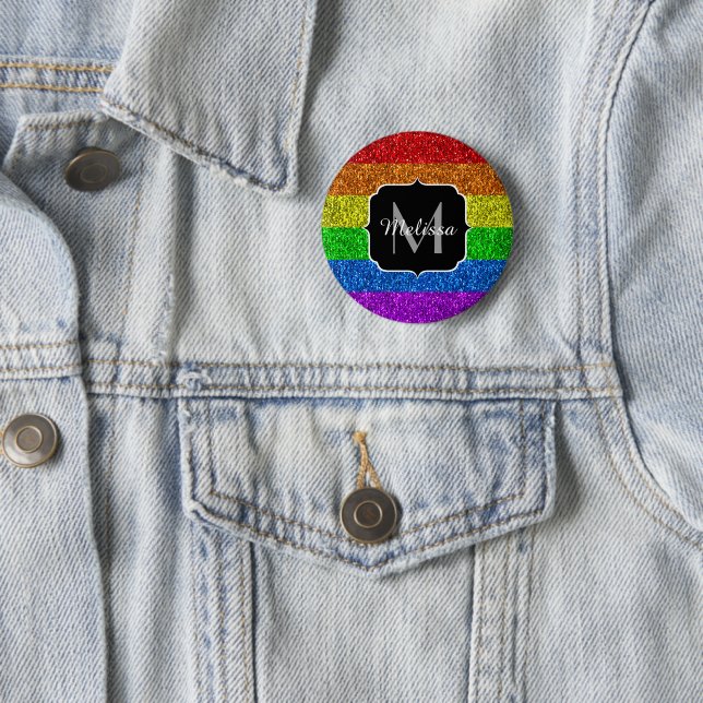 LGBT flag vibrant rainbow glitter sparkle Monogram 2 Inch Round Button (In Situ)