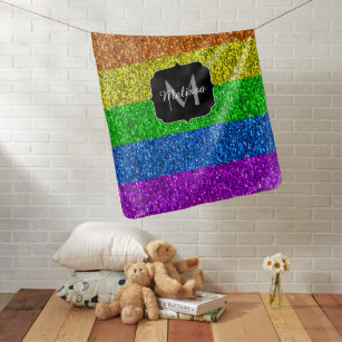 LGBT flag vibrant rainbow glitter sparkle Monogram Baby Blanket