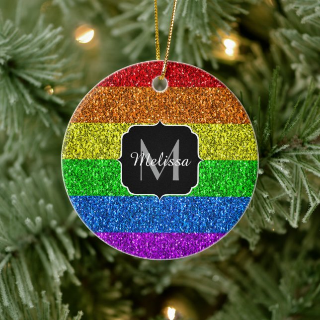 LGBT flag vibrant rainbow glitter sparkle Monogram Ceramic Ornament (Tree)