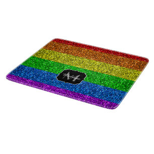 LGBT flag vibrant rainbow glitter sparkle Monogram Cutting Board