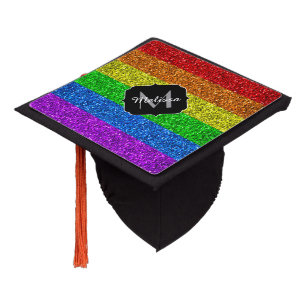 LGBT flag vibrant rainbow glitter sparkle Monogram Graduation Cap Topper