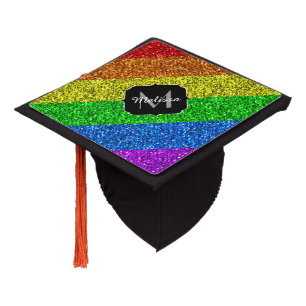 LGBT flag vibrant rainbow glitter sparkle Monogram Graduation Cap Topper