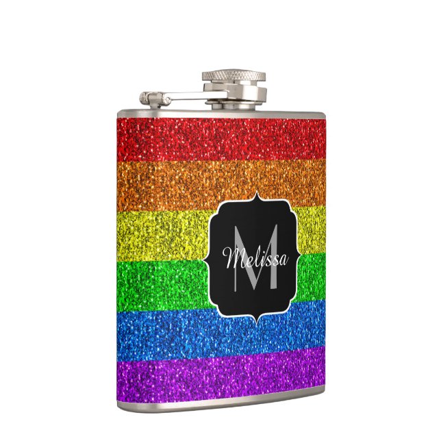 LGBT flag vibrant rainbow glitter sparkle Monogram Hip Flask (Right)