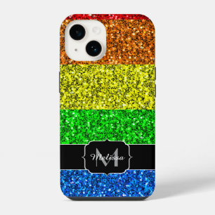LGBT flag vibrant rainbow glitter sparkle Monogram iPhone 14 Case