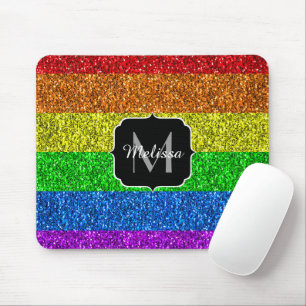 LGBT flag vibrant rainbow glitter sparkle Monogram Mouse Pad