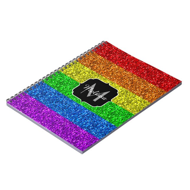 LGBT flag vibrant rainbow glitter sparkle Monogram Notebook (Left Side)