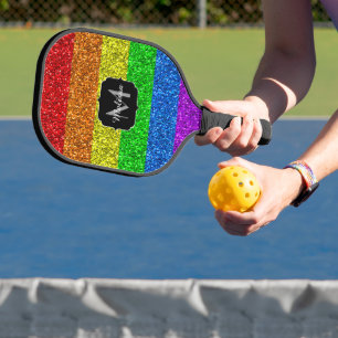 LGBT flag vibrant rainbow glitter sparkle Monogram Pickleball Paddle