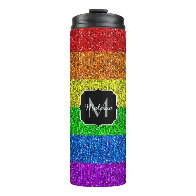 LGBT flag vibrant rainbow glitter sparkle Monogram Thermal Tumbler (Front)