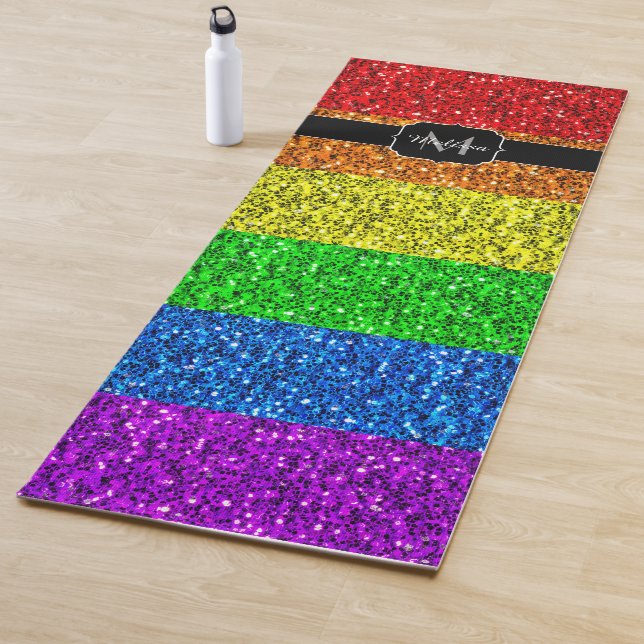 LGBT flag vibrant rainbow glitter sparkle Monogram Yoga Mat (In Situ)