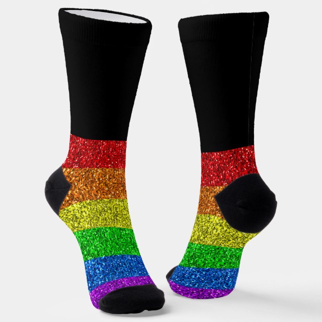 LGBT flag vibrant rainbow glitter sparkle on black Socks (Angled)