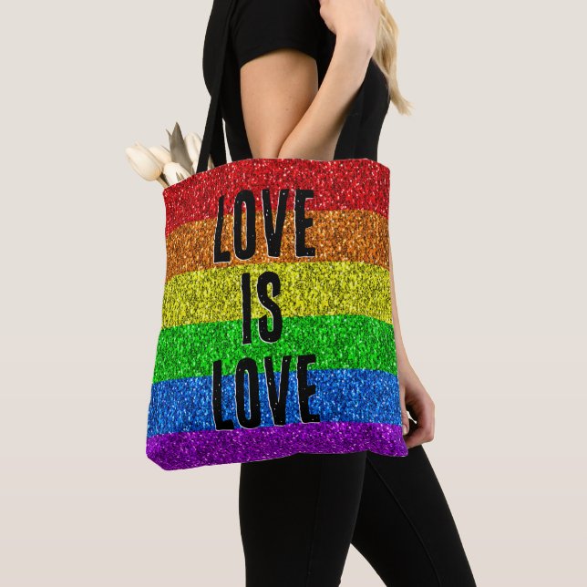 LGBT flag vibrant Sparkle Love text customize Tote Bag (Close Up)