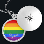LGBT Gay Lesbian Pride Rainbow Flag Colours Silver Locket Necklace<br><div class="desc">Beautiful, vibrant, LGBT gay pride rainbow flag colours, colourful geometric stripes pattern, custom, personalized, monogrammed, stylish, UV resistant and waterproof, sterling silver finish metal round charm locket necklace. The necklace features text in elegant faux gold typography script. Simply enter your name / couples names / wedding date / monogram /...</div>