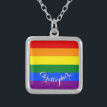 LGBT Gay Lesbian Pride Rainbow Flag Monogrammed Silver Plated Necklace<br><div class="desc">Beautiful, vibrant, LGBT gay pride rainbow flag colors, colorful geometric stripes pattern, custom, personalized, monogrammed, stylish, UV resistant and waterproof, sterling silver finish metal square charm necklace. The necklace features text in elegant faux gold typography script. Simply enter your name / couples names / wedding date / monogram / initials,...</div>