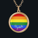 LGBT Gay Lesbian Pride Rainbow Flag Personalized Gold Plated Necklace<br><div class="desc">Beautiful, vibrant, LGBT gay pride rainbow flag colours, colourful geometric stripes pattern, custom, personalized, monogrammed, stylish, UV resistant and waterproof, gold finish metal round charm necklace. The necklace features text in elegant faux gold typography script. Simply enter your name / couples names / wedding date / monogram / initials, to...</div>