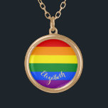 LGBT Gay Lesbian Pride Rainbow Flag Personalized Gold Plated Necklace<br><div class="desc">Beautiful, vibrant, LGBT gay pride rainbow flag colors, colorful geometric stripes pattern, custom, personalized, monogrammed, stylish, UV resistant and waterproof, gold finish metal round charm necklace. The necklace features text in elegant faux gold typography script. Simply enter your name / couples names / wedding date / monogram / initials, to...</div>
