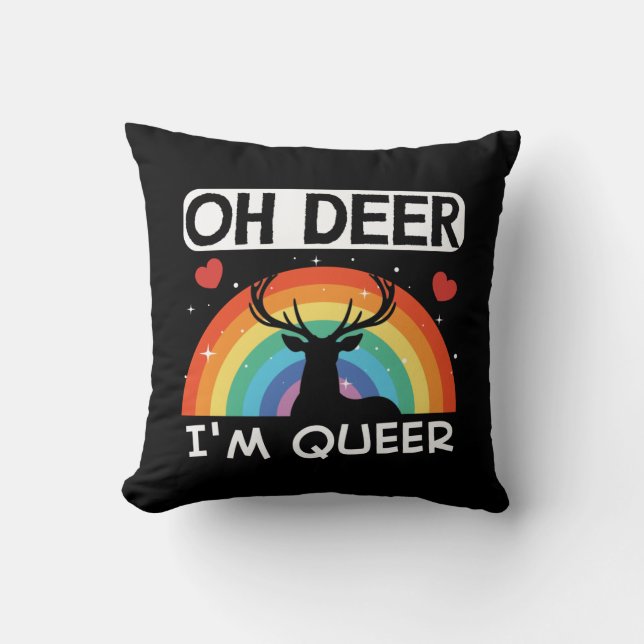 LGBT Gay Pride Month  Oh Deer Im Queer Rainbow Throw Pillow (Front)