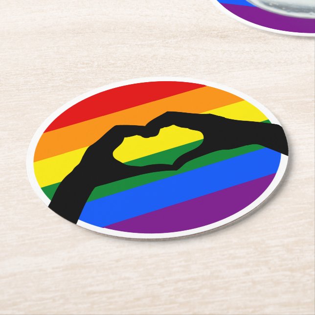 LGBT Gay Pride Rainbow and Heart Hand Silhouette Round Paper Coaster (Angled)