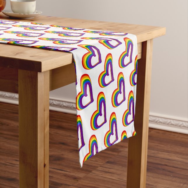 LGBT Gay Pride Rainbow Heart Pattern LGBTQ Short Table Runner (In Situ)