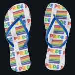 LGBT Gay Pride Rainbow Layer Wedding Cake Slice Flip Flops<br><div class="desc">Flip flops feature an original marker illustration of a slice of rainbow layer cake,  with PRIDE in a rainbow font. Great for Pride Month!


Don't see what you're looking for? Need help with customization? Contact Rebecca to have something designed just for you.</div>