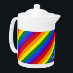 LGBT Gay Pride Rainbow Stripes Colourful Flag LGBT<br><div class="desc">Beautiful, vibrant, LGBT gay pride rainbow flag colours, colourful geometric stripes pattern, custom, personalized, modern, cool, stylish, classy elegant faux gold script / typography / font, monogrammed, 100% white porcelain, dishwasher safe, microwave safe, teapot. Simply type in your name / kids name / family name / company name, to customize....</div>