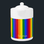 LGBT Gay Pride Rainbow Stripes Flag Monogram LGBTQ<br><div class="desc">Beautiful, vibrant, LGBT gay pride rainbow flag colours, colourful geometric stripes pattern, custom, personalized, modern, cool, stylish, classy elegant faux gold script / typography / font, monogrammed, 100% white porcelain, dishwasher safe, microwave safe, teapot. Simply type in your name / kids name / family name / company name, to customize....</div>