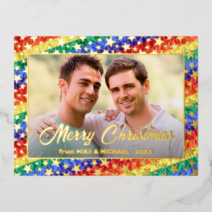 LGBT gay rainbow flag star custom photo Christmas  Foil Holiday Postcard