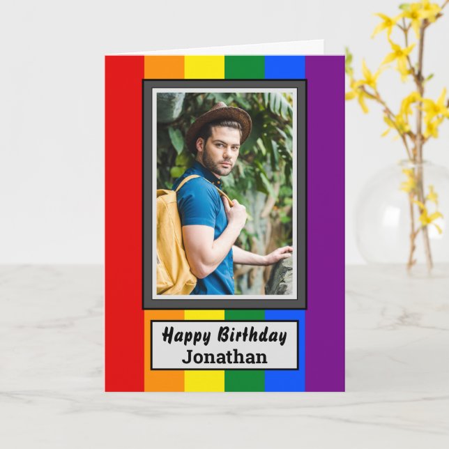 LGBT Gay Rainbow Flag with Photo & Name Birthday Card (Yellow Flower)