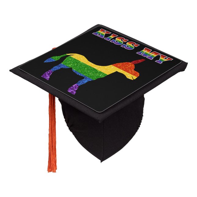 LGBT Glitter Rainbow Kiss My Funny Graduation Cap Topper (Angled)