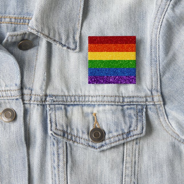 LGBT Glitter Rainbow Pride Flag 2 Inch Square Button (In Situ)