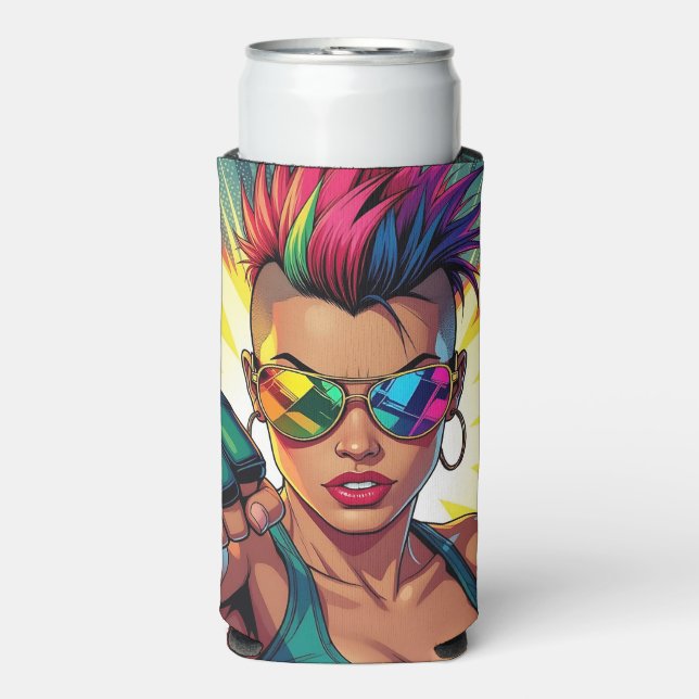 LGBT Lesbian Mohawk Uppercut Pop Art Seltzer Can Cooler (Seltzer Front)