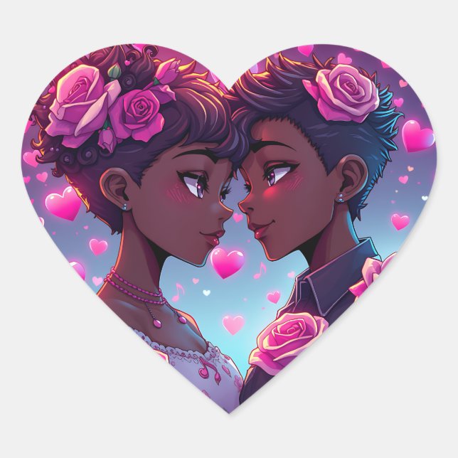 LGBT Love | African-American Anime Couple  Heart Sticker (Front)