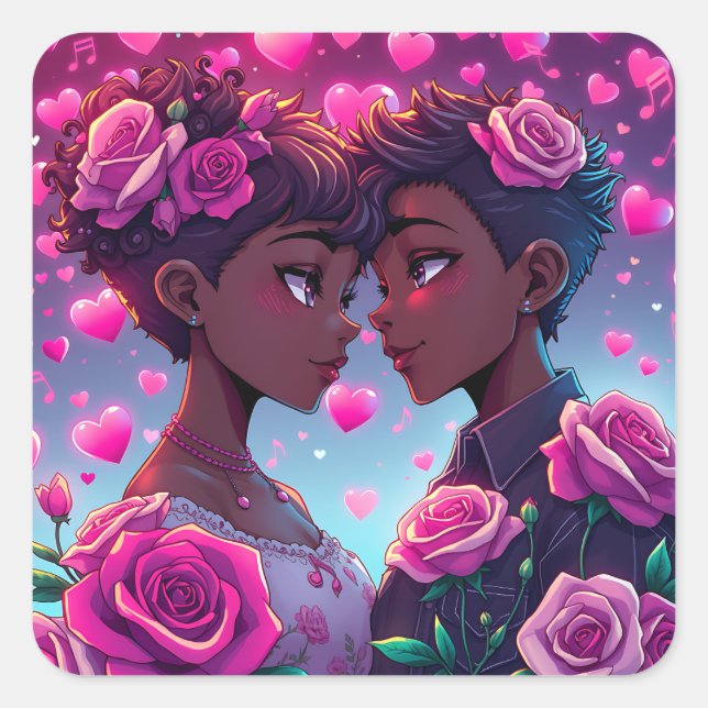 LGBT Love | African-American Anime Couple  Square Sticker (Front)
