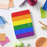 LGBT Monogrammed Rainbow Stripes Gay Lesbian Pride iPad Pro Cover<br><div class="desc">Create your own custom, personalized, unique, one-of-a-kind, beautiful elegant stylish faux gold typography script name monogram / initials, monogrammed, cool, modern, vibrant, LGBT gay pride rainbow flag colours, colourful geometric stripes pattern, magnetic iPad smart cover that folds into multiple stand positions and features grey microfiber interior that helps protect your...</div>